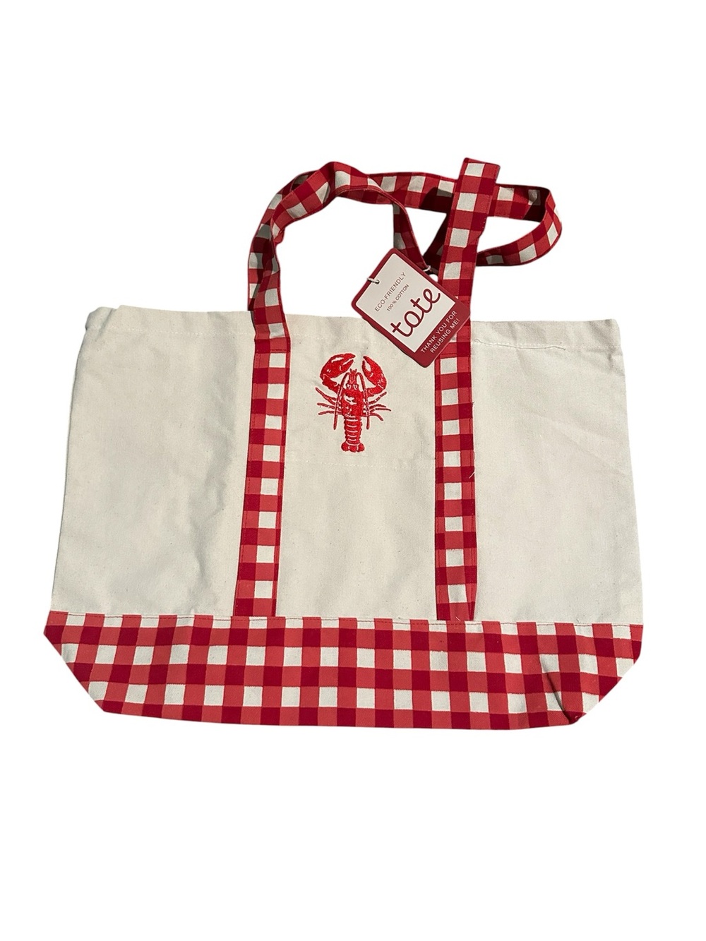 Large Red Gingham Lobster Embroidered Canvas Tote Bag